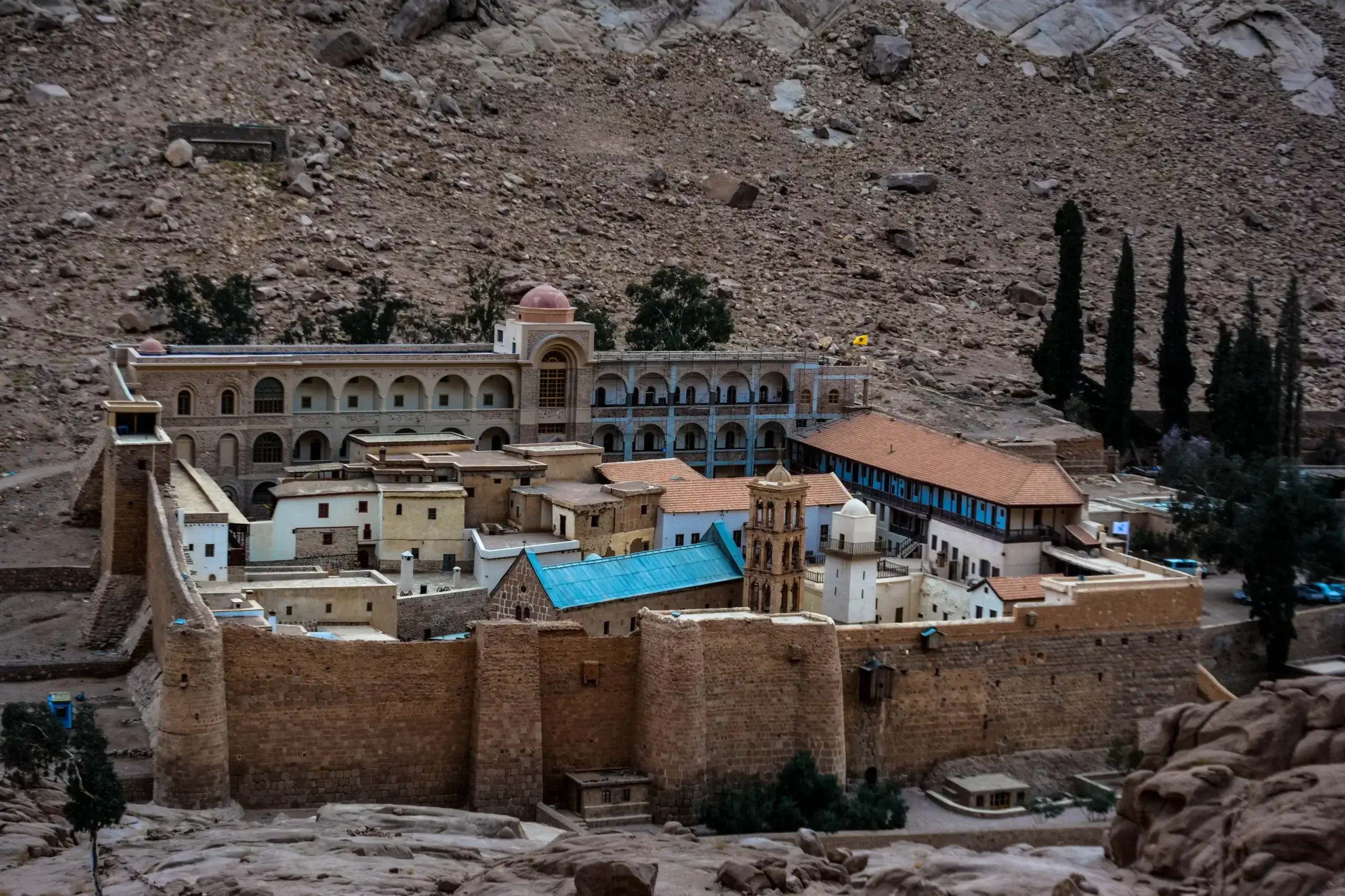 A view of Saint Catherine Monastery at the foot of Mount Sinai on the last day of a Sinai trekking trip