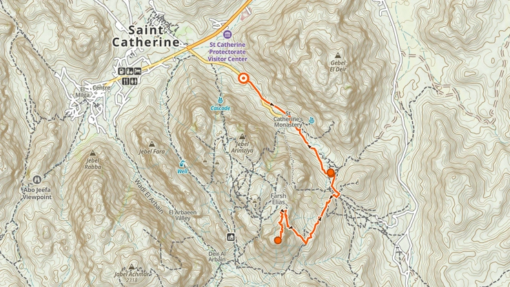 Map showing the hiking trails to Mount Sinai summit, including the Camel Trail and the Steps of Repentance from St. Catherine Monastery