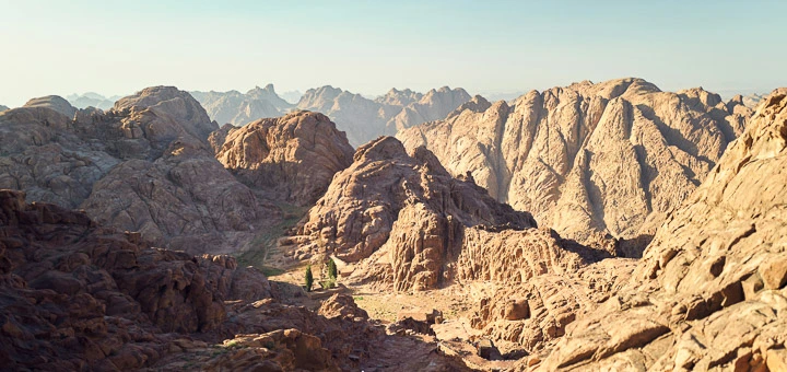 View of Prophet Elijah Basin before sunset, taken from the 750 steps of Mount Sinai. Bart of Egypt Mountains.