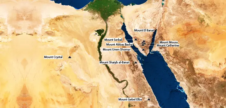 Map of Egypt Mountains featuring the 9 most iconic peaks across Sinai, the Red Sea, and the Western Desert.