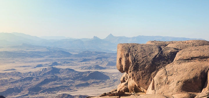 View from Mount El Banat summit with gentle mountain ridges and clear open sky in South Sinai, Egypt Mountains.