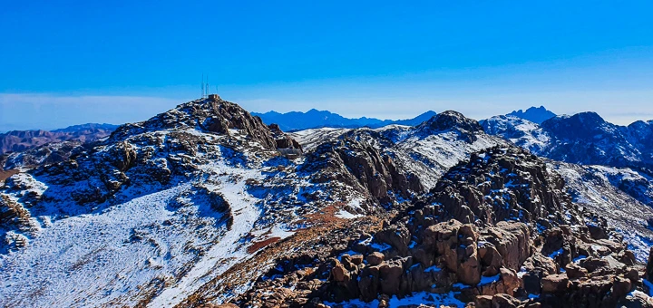 Mount Catherine, the highest peak in the Egypt Mountains, covered in patches of snow during the winter season.