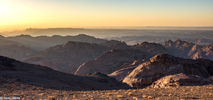 View of the Sinai Mountains from Mount Abbas Basha before sunset.