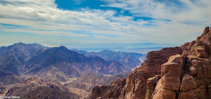Panoramic mountain view from Mount Abu Qouron and Mount Abu Al-Da in the Sinai Mountains.
