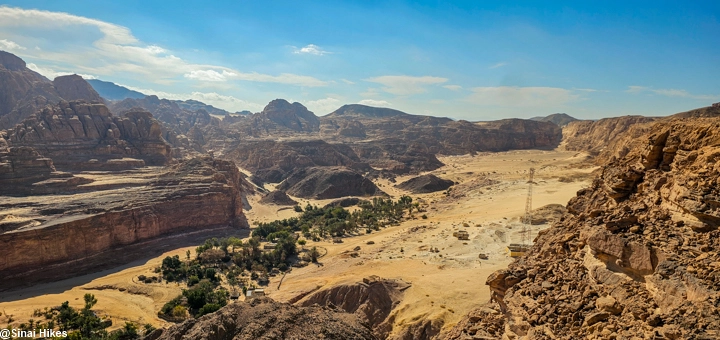 Panoramic view of Khodra Oasis in the Sinai Desert from Mount Panorama Khodra in the Sinai Mountains.