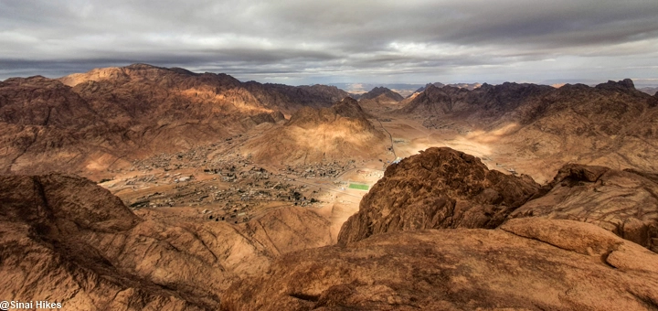 Panoramic view of Saint Catherine from Mount Safsafa in the Sinai Mountains.