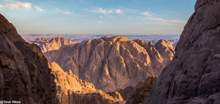 Sunrise view over the rugged peaks of the Sinai Mountains from Mount Sinai.