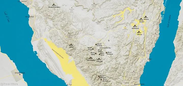 Map of the Sinai Peninsula highlighting major peaks in the Sinai Mountains.