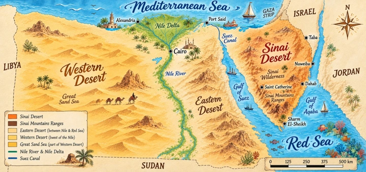 Map of Egypt's deserts showing Sinai Desert, Western Desert and Eastern Desert