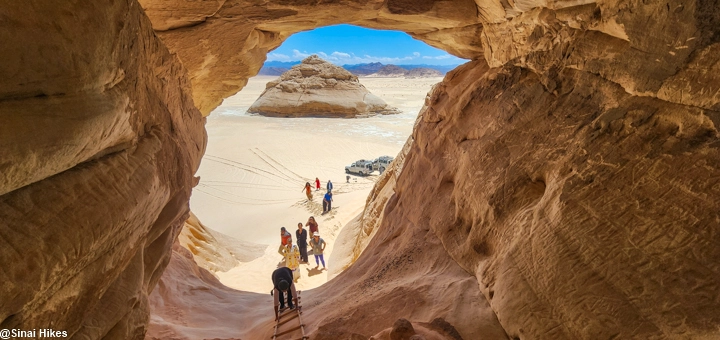Group of hikers at Dragon Head (Makhroum Mountain) in Sinai Desert