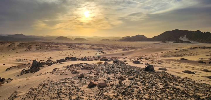 Dragon Head mountain and sand dune in Sinai Desert before sunset