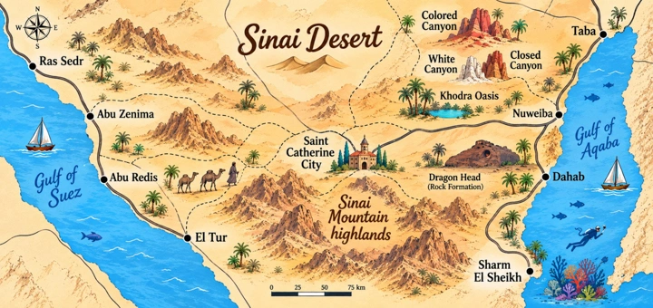 Illustrated map of Sinai Desert Egypt showing Saint Catherine, canyons and coastal towns