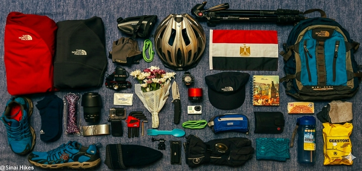 Packing essentials laid out for a Sinai Desert trek in Egypt